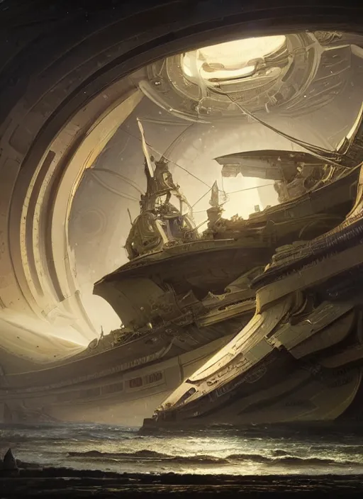 Image similar to epic concept illustration, highly detailed, intricate mechanical design, hard science concept art, star fleet nautilus ship being prepared for launch, by greg rutkowski and alphonse mucha. uhd, cinematic lighting, amazing depth, cinematography by 2 0 1 7