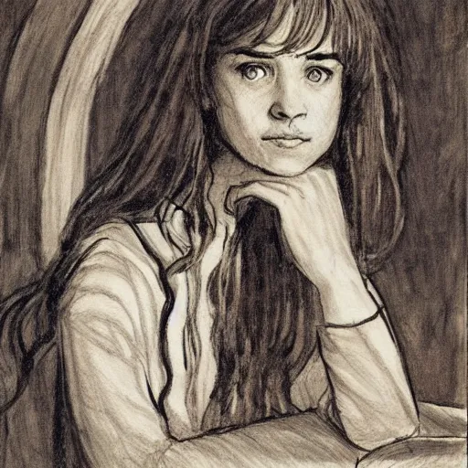 Prompt: hermione granger face, in the Hogwarts common room, drawn by Mikhail Vrubel