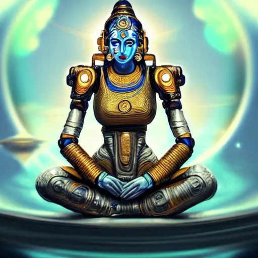 Image similar to Futuristic laxmi Indian Goddess in a robot spacesuit, sci-fi, fantasy, intricate, beautiful, elegant, attractive, indian goddess of wealth, highly detailed, digital painting, artstation, masterpiece, concept art, Four Hands, sitting on a Lotus, smooth, sharp focus, unreal engine 5, WLOP, Octane render, Symmetric, art by artgerm, hajime sorayama, William-Adolphe Bouguereau