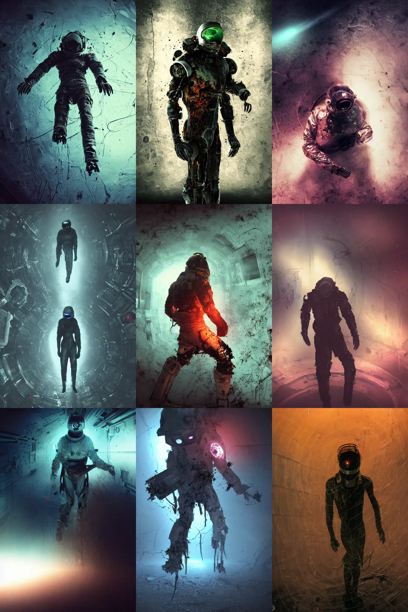 Prompt: horror movie scene with moody colors of an individual in futuristic space suit walking through a broken down deep space mining space station, full body character portrait, the walls are broken and twisted metal, birds eye view, dark colors, rusting metal adorns the walls, tense atmosphere, misty floats through the air, amazing value control, dead space, moody colors, dramatic lighting