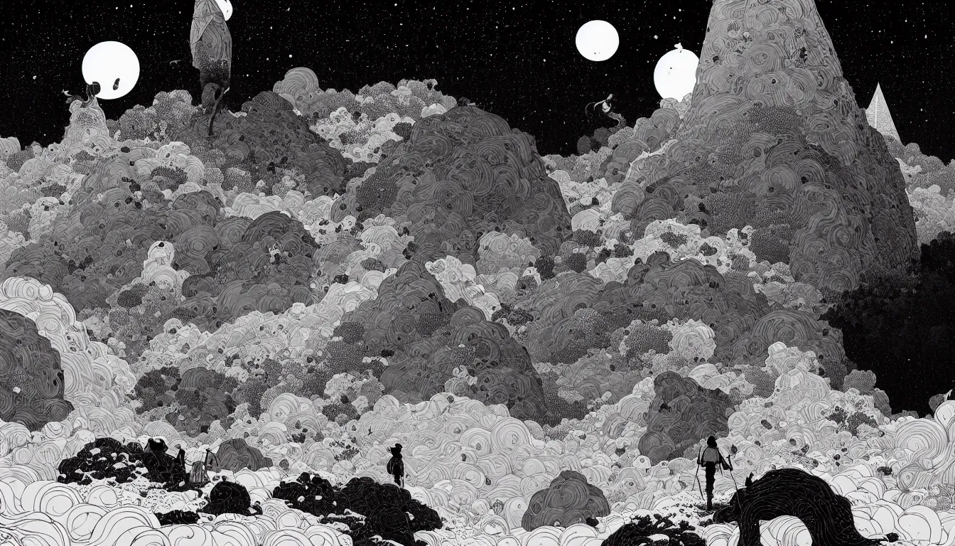 Image similar to backpacking by nicolas delort, moebius, victo ngai, josan gonzalez, kilian eng