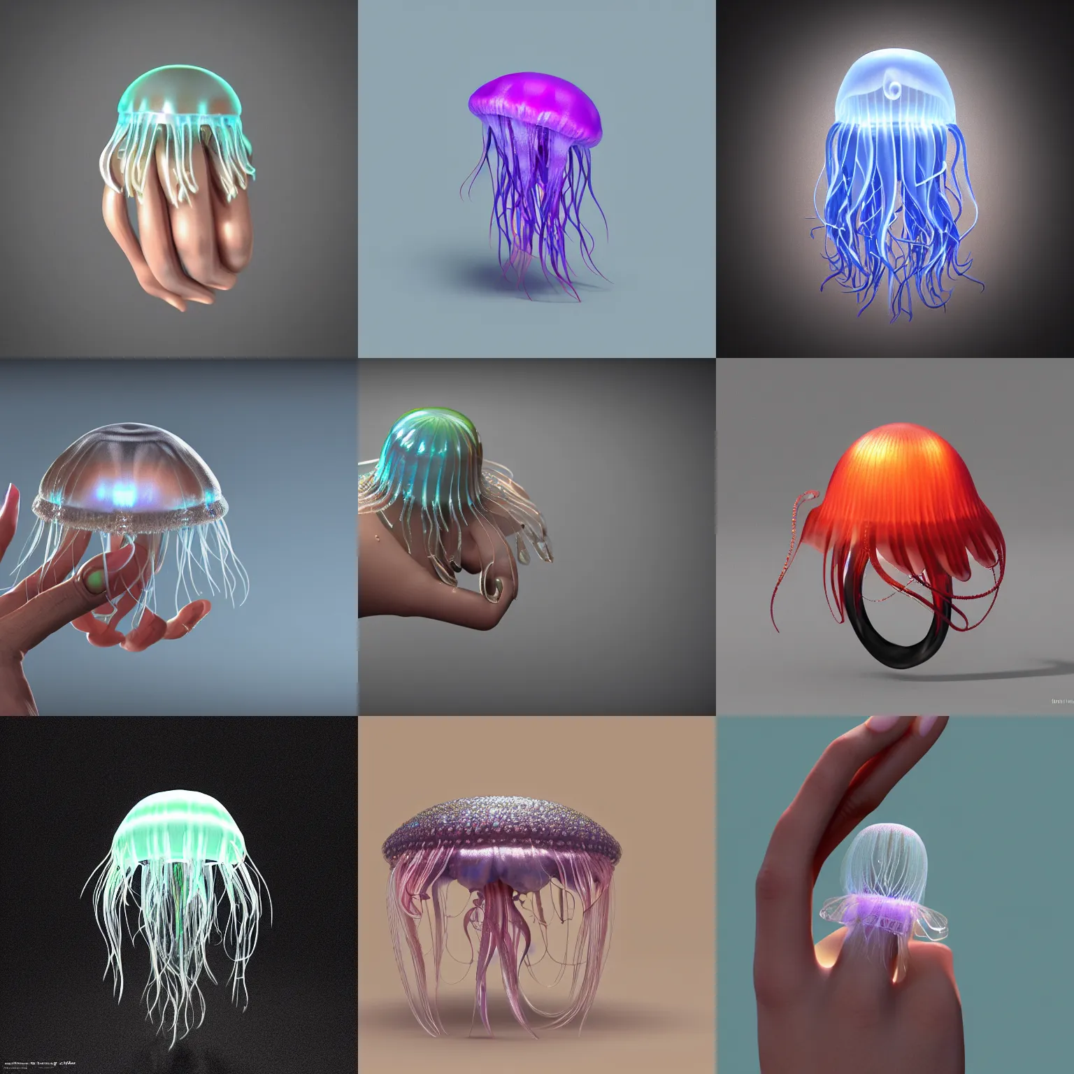 Prompt: a fancy jellyfish ring in finger, show it, real, fashionable, funny, y 2 k style, c 4 d, octane render, by david eichenberg
