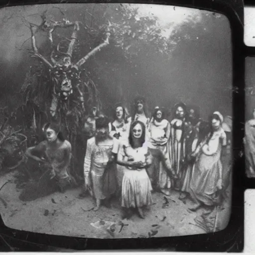 Prompt: a group of people in a witchcraft ritual on an abandoned mad house in the Colombian jungle, mist, 1910 polaroid photography, grainy film, resident evil, Black and white
