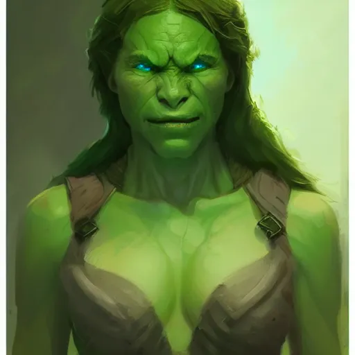 Image similar to character portrait of a green orc female, light green tone beautiful face by greg rutkowski, trending on artstation