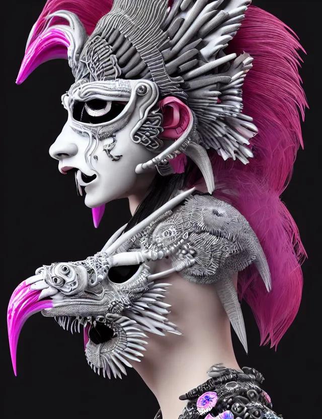 Image similar to 3 d goddess close - up profile portrait punk with mohawk with ram skull. beautiful intricately detailed japanese crow kitsune mask and clasical japanese kimono. betta fish, jellyfish phoenix, bio luminescent, plasma, ice, water, wind, creature, artwork by tooth wu and wlop and beeple and greg rutkowski