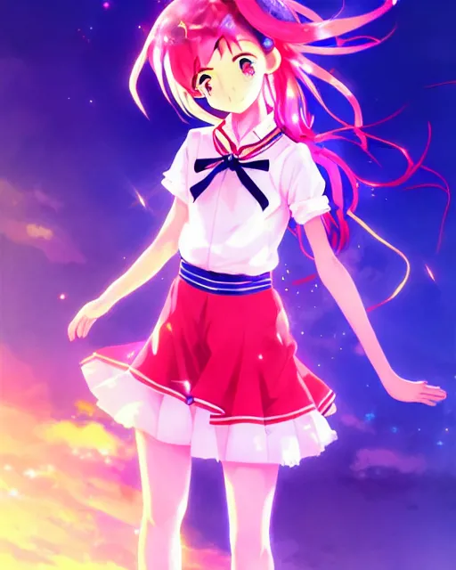 Prompt: anime style, vivid, expressive, full body, 4 k, painting, a cute magical girl with a long wavy hair wearing a sailor outfit, correct proportions, stunning, realistic light and shadow effects, neon lights, studio ghibly makoto shinkai yuji yamaguchi