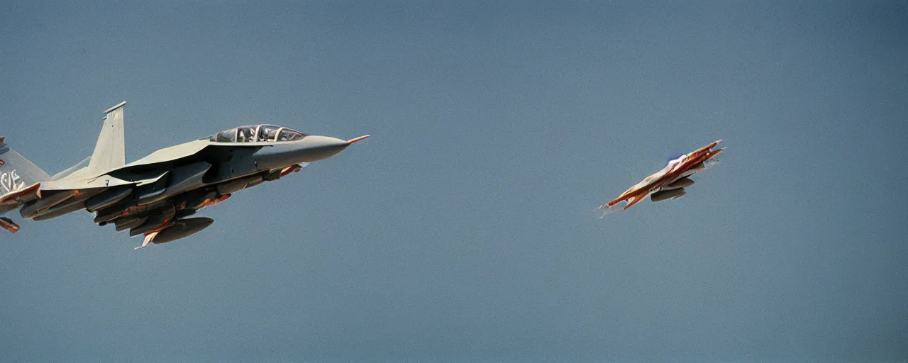 Image similar to a fighter jet built out of spaghetti, flying over the ocean, canon 5 0 mm, cinematic lighting, photography, retro, film, kodachrome