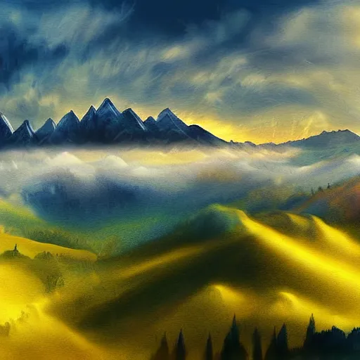 Image similar to magical landscape, mountains, misty, blue, yellow sky, digital art