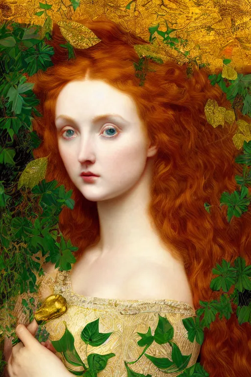 Prompt: masterpiece beautiful seductive flowing curves preraphaelite face portrait of lily cole amongst leaves feathers green hair, extreme close up shot, yellow ochre ornate medieval dress, branching abstract decorate structural circle, halo, amongst foliage, gold gilded circle halo, kilian eng and frederic leighton and rosetti, 4 k