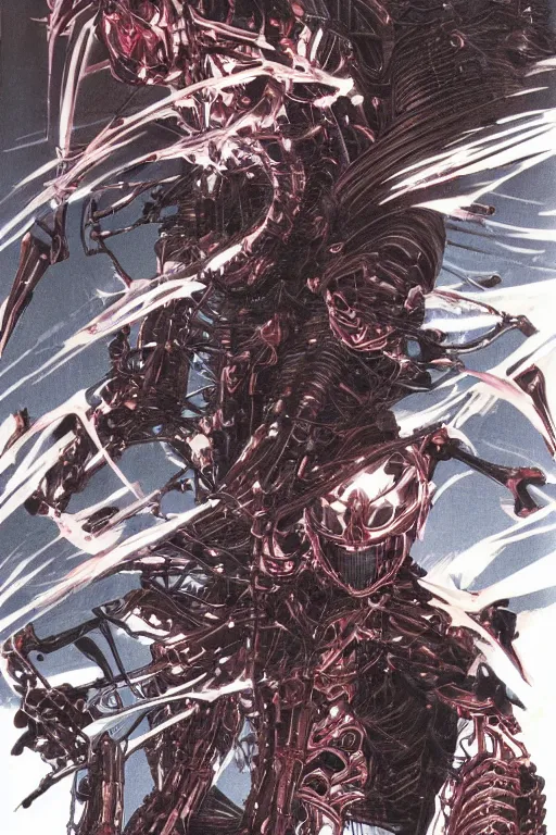 Prompt: biomechanical life enhanced using nanosuits with crysis - type muscle under the armor plating, at dusk, a color cover illustration by tsutomu nihei, tetsuo hara and katsuhiro otomo