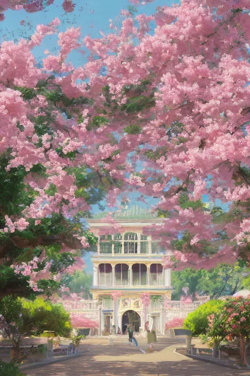 Prompt: painting of ouran highschool host club academy, front view, rococo style, greek architecture, pink marble building, sakura trees, sakura season dynamic lighting, landscape, artwork by jeremy lipkin and giuseppe dangelico pino and michael garmash and rob rey and greg manchess and huang guangjian and makoto shinkai, pixiv, 1 0 0 mm