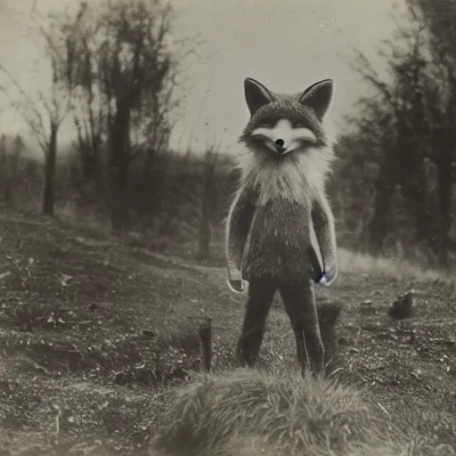 Image similar to anthropomorphic fox man doing fieldwork, 1910s film still