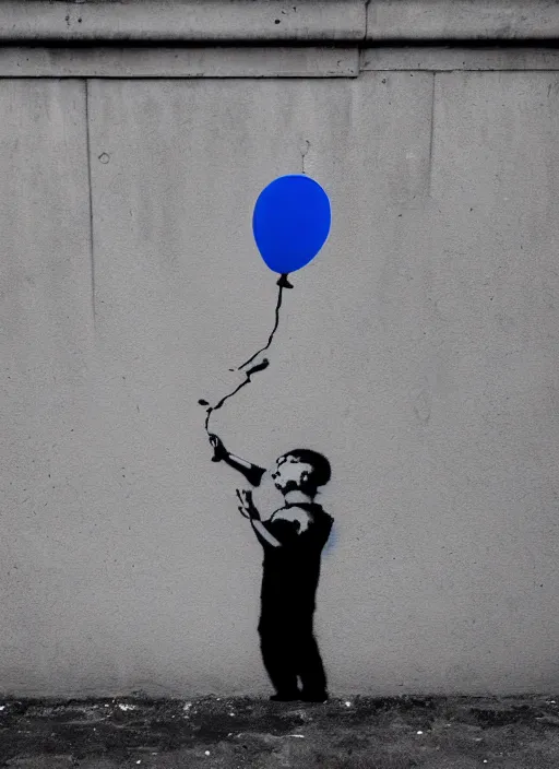 Prompt: A black and white graffiti of boy holding a single dark blue balloon on a concrete background in the style of Banksy, graffiti, digital art