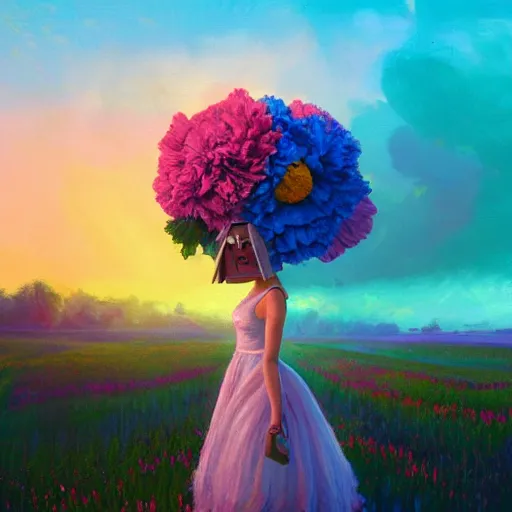 Image similar to girl with a giant carnation head, surreal photography, flower field, sunset dramatic light, impressionist painting, colorful clouds, blue sky, digital painting, artstation, simon stalenhag