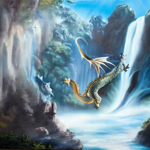 Image similar to oil painting of a dragon flying in the air near a cave with a waterfall in the center, light emanating from the waterfall leading to a big pool of water, dragon has black and white siberian tiger stripes, elegant, sharp focus, wide shot, clear, detailed, early renaissance