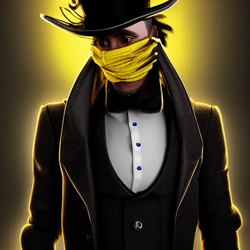 Image similar to a highly detailed portrait of a man in a high top hat covering his face, in a black tailcoat with a yellow waistcoat under the tailcoat, artstation, deviantart, professional, unreal engine 5, photorealistic