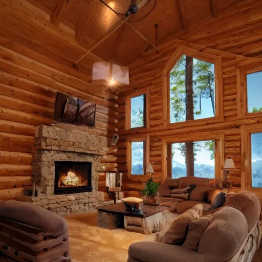 Image similar to interior design of a cabin on a mountain, light brown color scheme, vivid lighting, 4 k