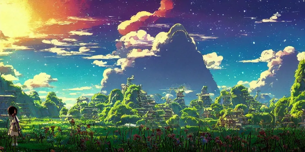 Prompt: beautiful scenery with people botw-studio-ghibli-interstellar-dinotopia #art #distinct #cinematic-composition