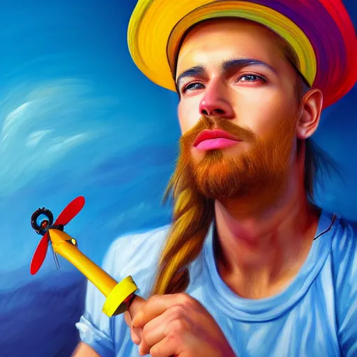 Prompt: colorful painting of a man with a hat with a propellor on top with long blond hair, matte painting, trending on art station, ultra - detailed, hq