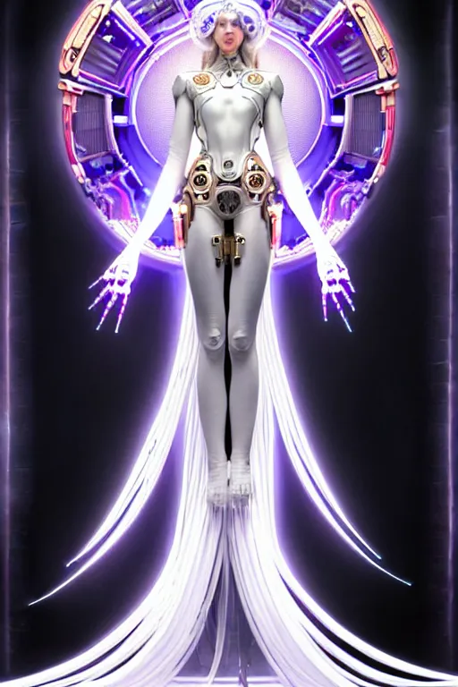 Image similar to feminine cyborg goddess rendered in Cinema 4D, elegant and ornate futuristic silk robes, held aloft by thousands of wires in a pristine white scifi room, right hand help up with a elaborate tech port in the center, left hand with a holographic book open, glowing white neon eyes, platinum and obsidian flowing long hair, art by Artgerm and Alphonse Mucha, hyperrealism, full body photogenic shot, digital render, cinematic lighting ornate earrings, 8k resolution, masterpiece work