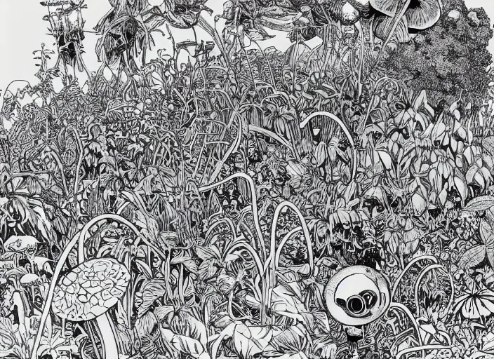 Prompt: plotter line art of a lot of jungle flowers and plants + poison toxic mushrooms surrounded by cables + long grass + broken droid + garden dwarf + mystic fog, no - shadow, 7 0's vintage sci - fi style, by moebius, kim jung gi, hyperrealism, rule of third!!!!, superfine detailed, top view