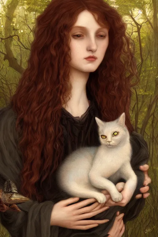 Image similar to A extremely beautiful pre-raphaelite portrait of a cute witch and her cat, surreal, ultradetailed, intricate, elegant, lithe, detailed, digital painting, artstation, concept art, smooth, sharp focus, illustration, ethereal, regal, award winning picture, extremely detailed masterpiece