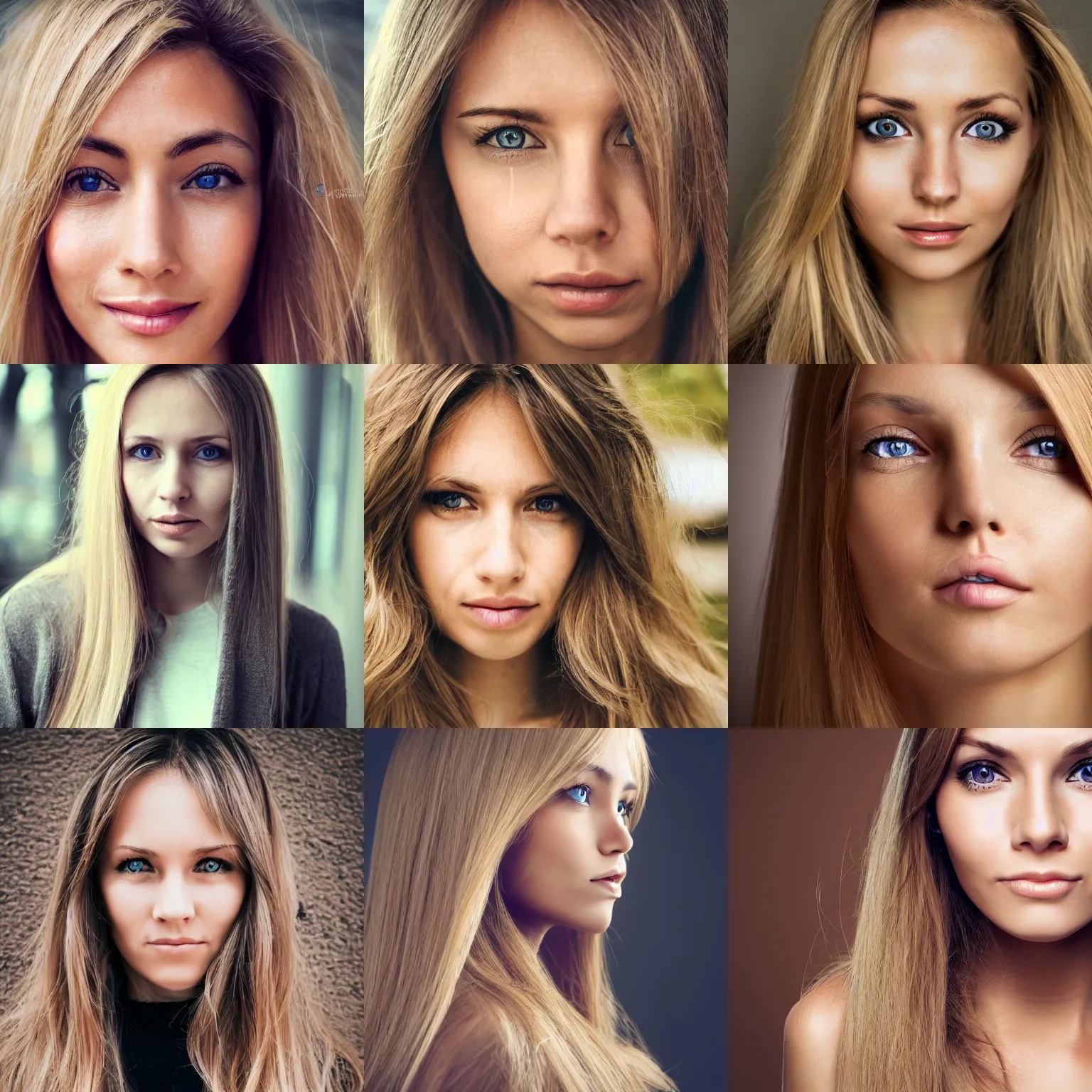 Prompt: portrait of a woman, symmetric, blond brown long hair, neutral, photo, facebook profile picture, outward slanted eyes, thin nose, short face, visible pores, natural look, average, dimples