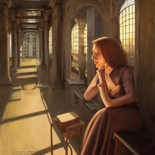 Image similar to detailed face of an intelligent scholarly woman with kind eyes in a architectonic capital courtyard at a science expo, atmospheric, ambient, pj crook, syd mead, livia prima, artgerm, greg rutkowski, nick alm, casey baugh