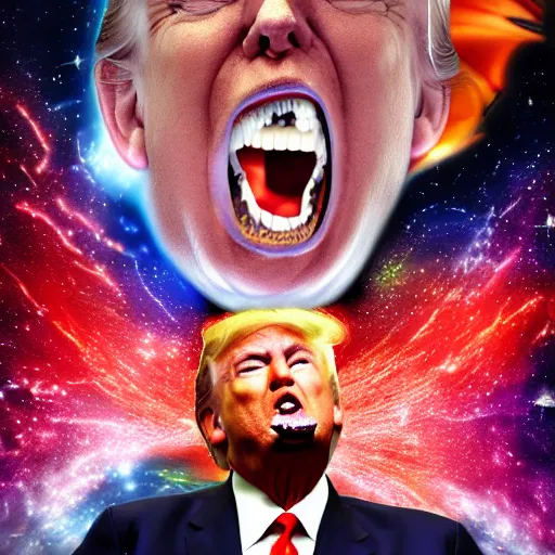 Prompt: Donald Trump, angry, swallowing a whole galaxy, 4k, highly detailed, macabre, ominous