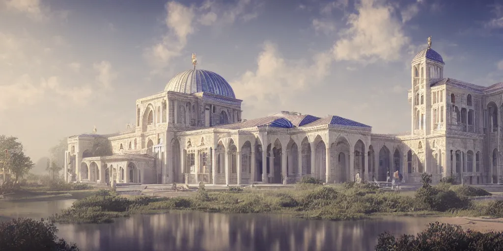 Prompt: beautiful digital illustration of a shining silver Byzantine palace in the sky, fluffy pastel clouds, architecture, concept art, deviantArt, artsation, artstation HQ, HD, 16k resolution, smooth, sharp detail, amazing depth, octane, finalRender, Unreal Engine