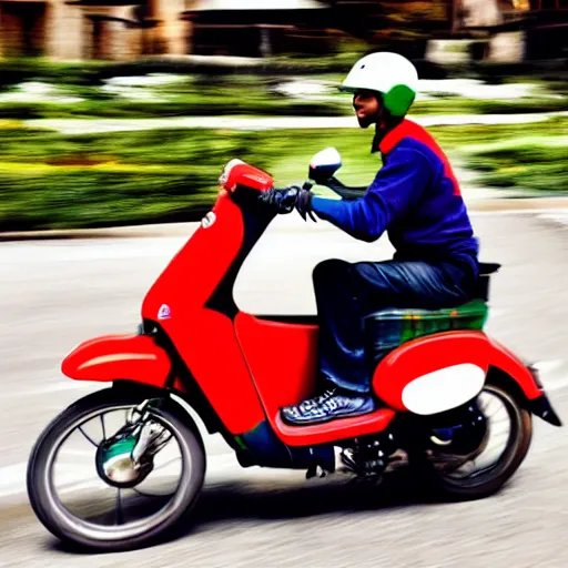 Image similar to delivery driver on moped delivering packages, extremely high quality, artistic rendering, cartoon, sharp, no blur, edited, white background