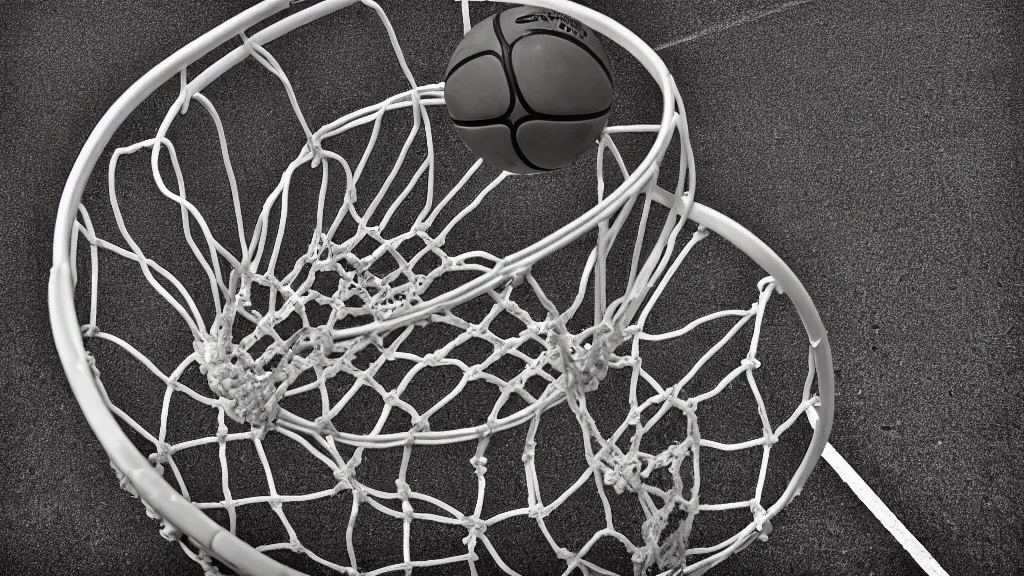 Prompt: a photograph of a basketball rebound from above the rim, in the styles of sports illustrated, a nike advertisement, and ansel adams. intricate, hyperrealistic, monochrome hdr