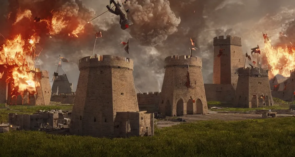 Image similar to five giant and powerful medieval trebuchets fireing on a medieval fortress, destroying the walls, fire and explosion, debris flying around, octane render, unreal engine