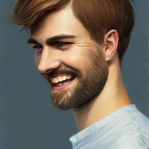 Image similar to tall chunky man in his twenties with brown blond short regular haircut and round facial structure with cleft chin, straight eyebrows, big grey blue eyes, grinning, cheekbones, straight nose, wider face, shadow of beard, atmospheric lighting, painted, intricate, 4 k, highly detailed by charlie bowater