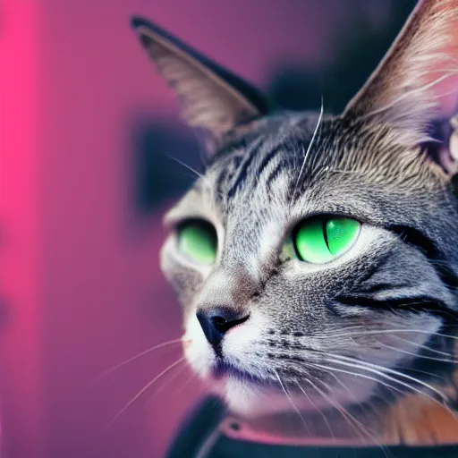 Image similar to portrait of a cute cyberpunk cat, realistic, professional photography