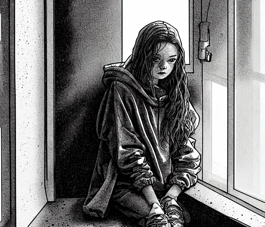 Prompt: sadie sink in hoodie sits on windowsill, knees tucked in | rain falls at night : storyboard, scifi cyberpunk. by joe alves, chris bonura. cinematic atmosphere, detailed and intricate, perfect anatomy