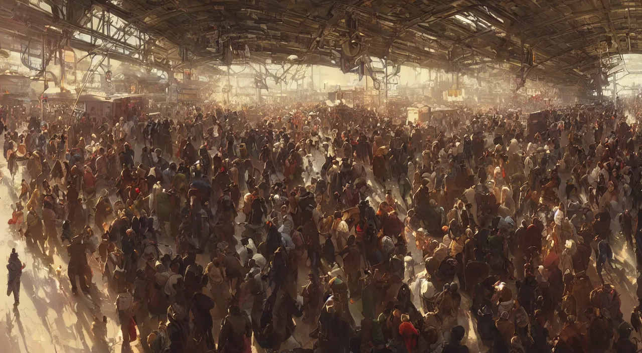 Image similar to subway mayhem as people rush to get on the steam train, highly detailed, digital painting, artstation, concept art, smooth, sharp focus, steampunk illustration, art by greg rutkowski and alphonse mucha