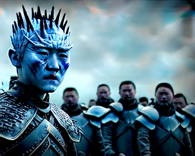 Prompt: justin sun as night king in game of thrones attacked by huge bee army, 4 k, epic, cinematic, focus, movie still, fantasy, extreme detail, atmospheric, dark colour, sharp focus