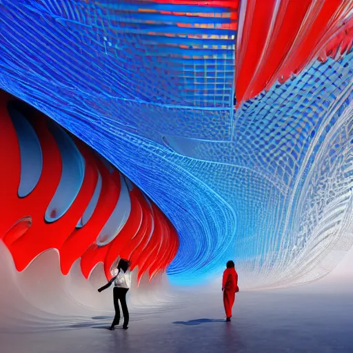 Image similar to ethereal realm, parametric flow, fractals, central shot, geometrical forms, parametric architecture, futuristic, artistic, models walking, people, crowd, red, blue, organic forms, concrete, curves, vray, octane render.