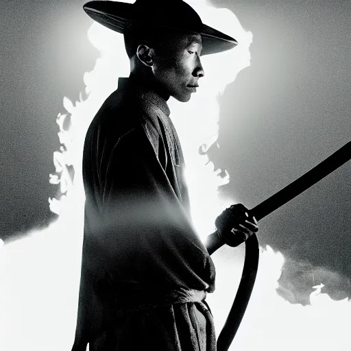 Image similar to cinematic film still Pharrell Williams starring as a Samurai holding fire, Japanese CGI, VFX, 2003, 40mm lens, shallow depth of field,film photography