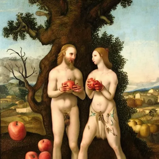 Image similar to adam and eve with apples on their hands
