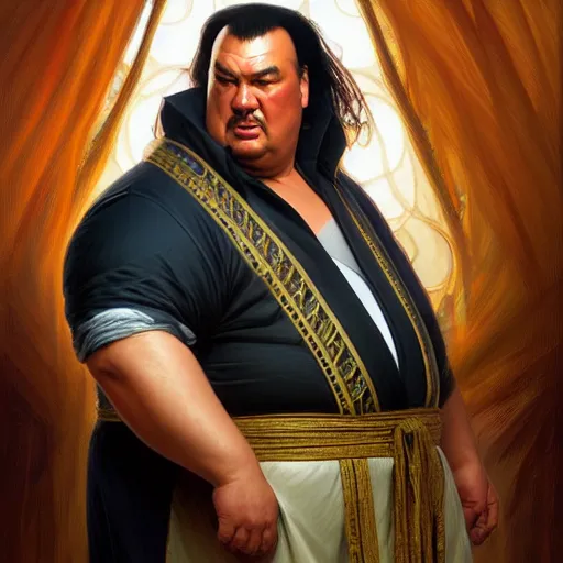 Image similar to Obese Steven Seagal, fantasy, intricate, elegant, highly detailed, digital painting, artstation, concept art, matte, sharp focus, illustration, art by Artgerm and Greg Rutkowski and Alphonse Mucha, and Simon Hennessey