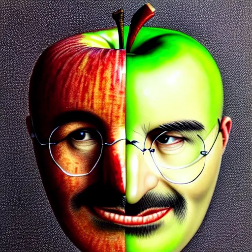 Image similar to apples arranged in the shape of a face resembling steve jobs, fantasy, intricate, elegant, highly detailed, lifelike, photorealistic, digital painting, artstation, illustration, smooth, sharp focus, art by giuseppe arcimboldo