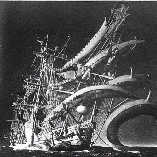 Prompt: an impossibly huge pirate ship, being attacked by a kraken, giant tentacles, lovecraft. 1930s photograph