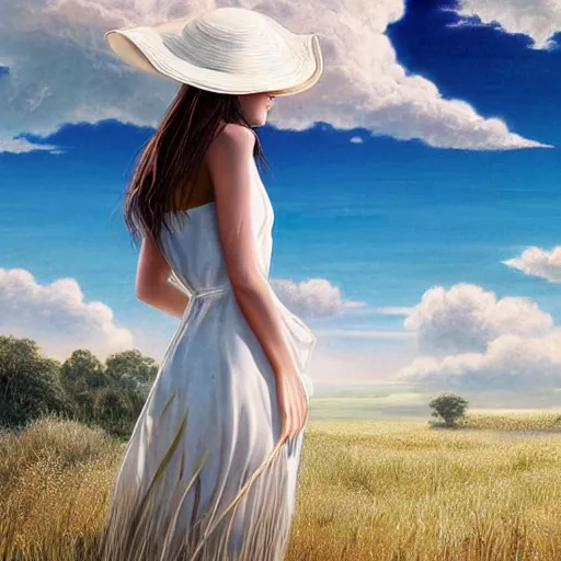 Prompt: girl in a white dress wearing sun straw hat looking at the bright blue sky with spiraling white sunny clouds digital art, highly detailed, intricate, by greg rutkowski, bright colours 8 k
