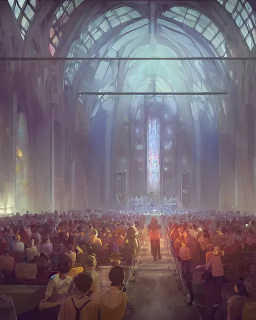 Image similar to craig mullins and ghibli digital matte art of a crowd in a futuristic church, priest, pews, ethereal, inviting, bright, unreal engine, hyper realism, realistic shading, cinematic composition, realistic render, octane render, detailed textures, photorealistic, wide shot