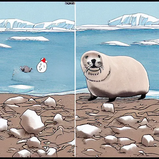 Image similar to cartoon drawing of a seal tossing a red ball with a sheep in antarctica. the seal's head is sticking out above the water and the sheep is standing near the edge of ice