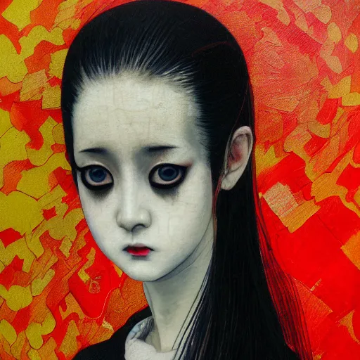 Image similar to yoshitaka amano blurred and dreamy realistic three quarter angle portrait of a young woman with black lipstick and black eyes wearing dress suit with tie, junji ito abstract patterns in the background, satoshi kon anime, noisy film grain effect, highly detailed, renaissance oil painting, weird portrait angle, blurred lost edges