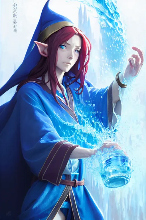 Prompt: elf female sorcerer doing water magic spells, blue robes, red hair, finely detailed perfect face, exquisite details, mid view, design on a white background, by studio muti, greg rutkowski makoto shinkai takashi takeuchi studio ghibli