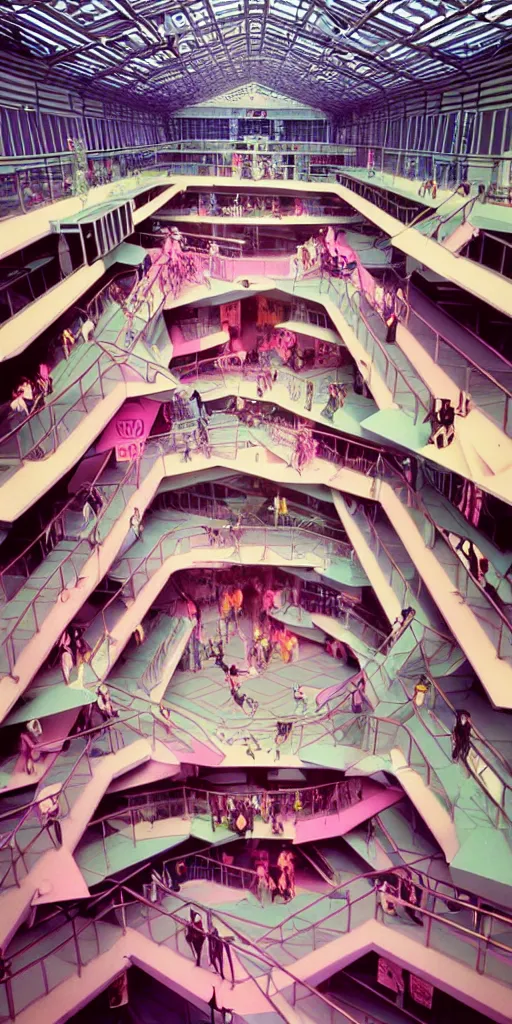 Prompt: huge sprawling angular dimension of infinite 8 0 s mall interior. liminal space, surrealism, mallsoft, vaporwave. muted colors, 8 0 s pop culture, food court, shot from above, endless, neverending epic scale by escher and ricardo bofill